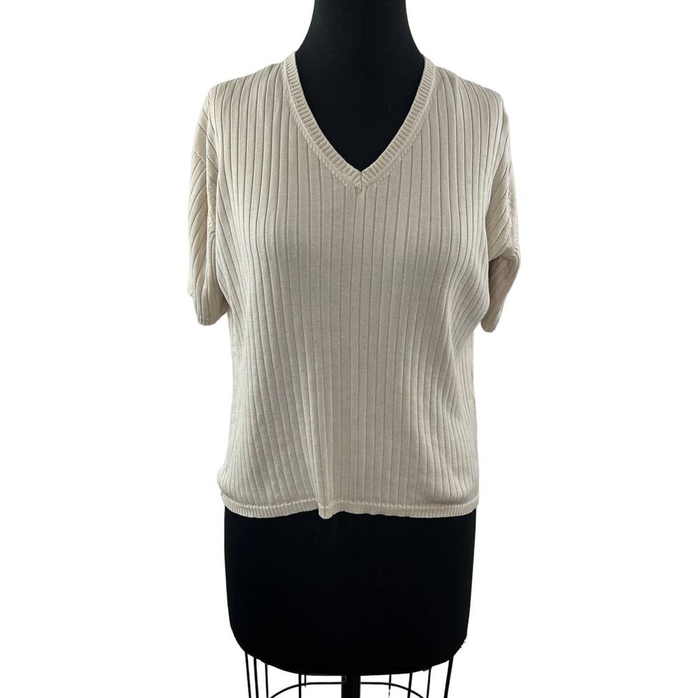 Vintage PAUL STUART Beige L Knit Sweater V-Neck Short Sleeve Pullover Regular